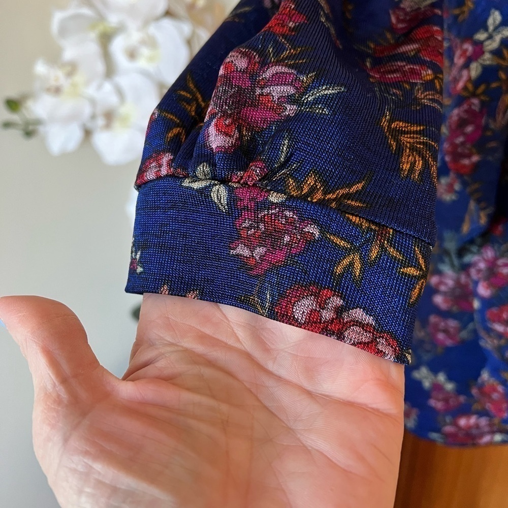 Free People Medium Dock Street Cobalt Blue Floral Ruffle Long Sleeve Shirt - Picture 7 of 10